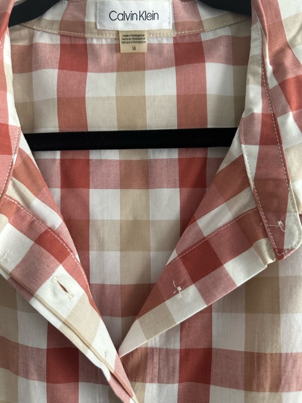 Calvin Klein Rust and Cream Plaid Midi Shirt Dress with Self Tie - Picture 2 of 4